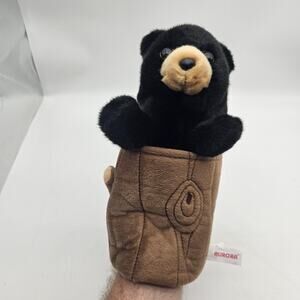 Aurora World Black Bear Hand Puppet Plush‎ in Tree Log Stump Stuffed Toy Kids